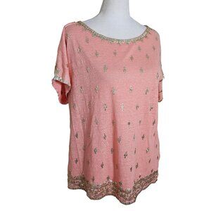 Calypso St. Barth Peach Beaded Short Sleeved Boho Top Linen  sz M